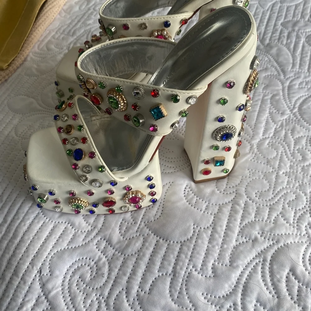 Colorful Gem-Studded White Platform Heels - Picture 3 of 4